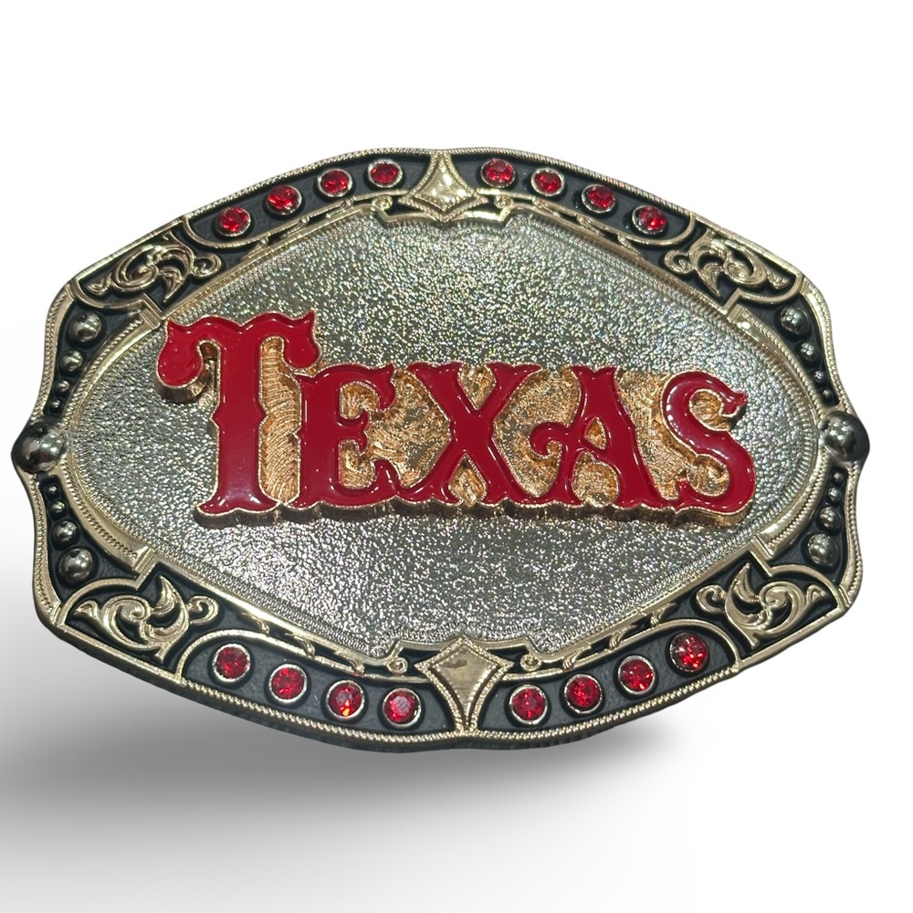 Elegant Silver and Red Texas Belt Buckle
